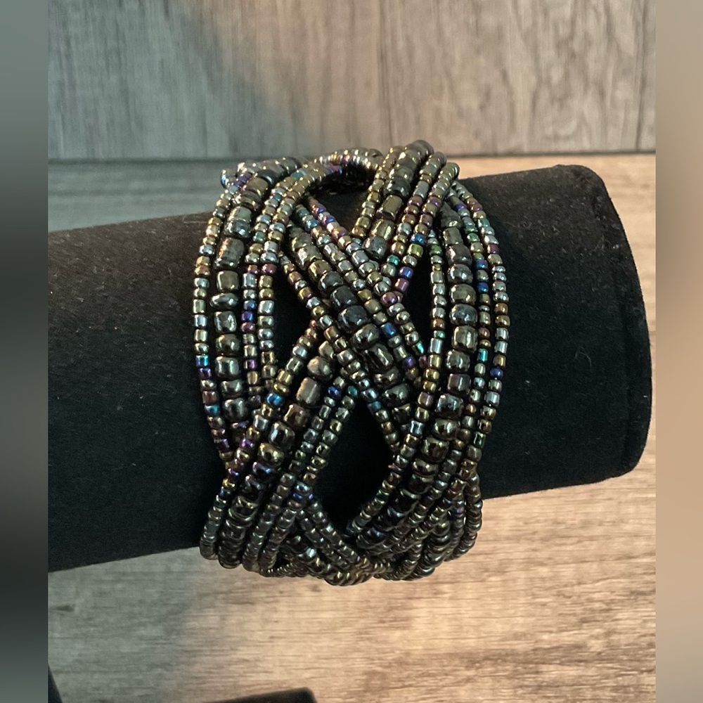 Iridescent Boho Beaded Cuff Bracelet | Artisan Loom Woven Statement Piece